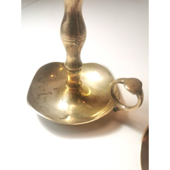 Pair Vintage Brass Chamberstick Candle Holders Ring Handle Finger Hold Drip Tray - Picture 5 of 9